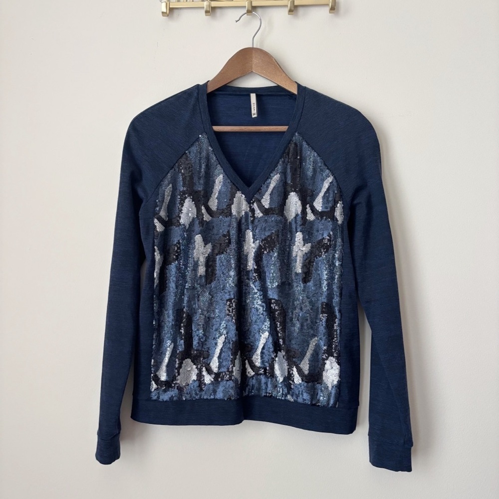 Indies French Luxe Blue Sequin Embellished Knit Top Sz 36 XS